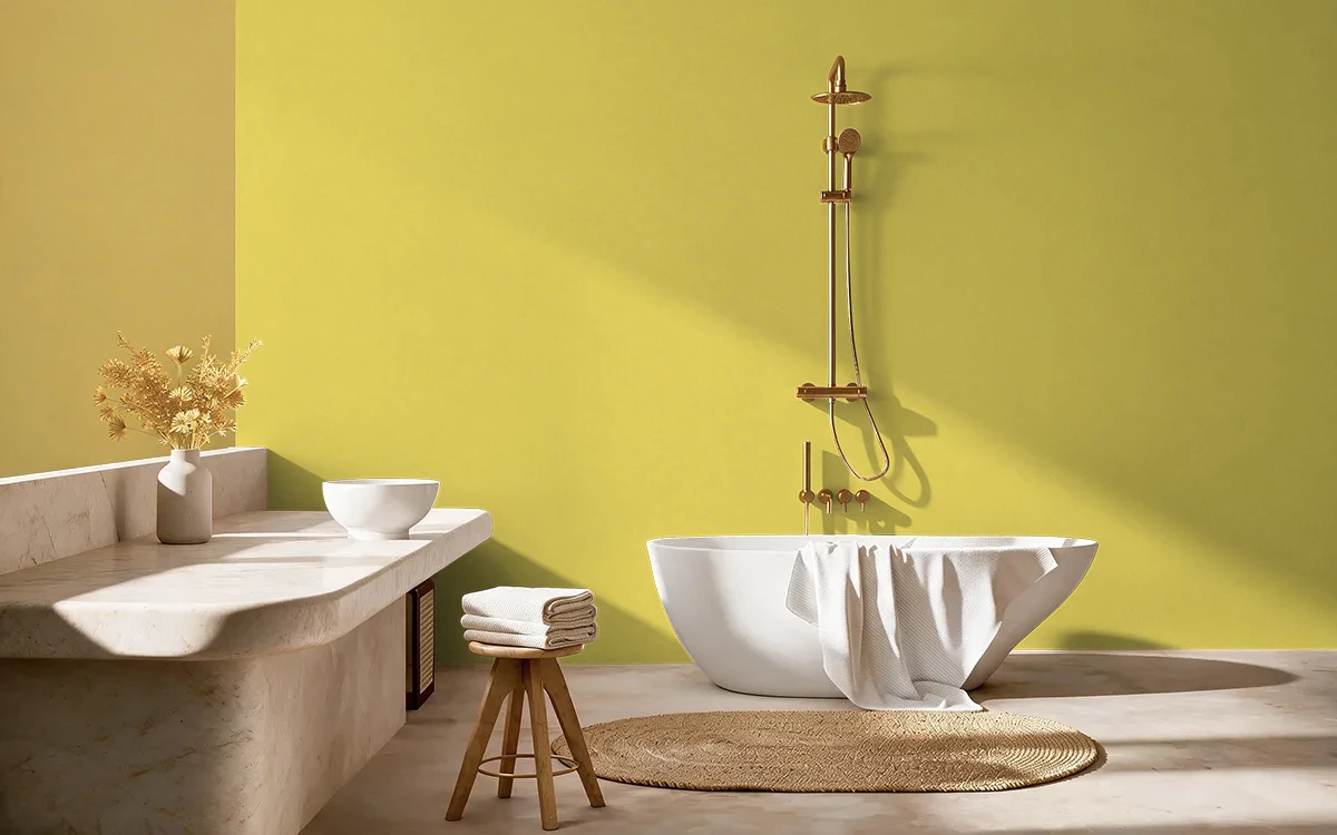 Nippon Paint's SUNDRENCHED GRASS color on different wall surfaces.