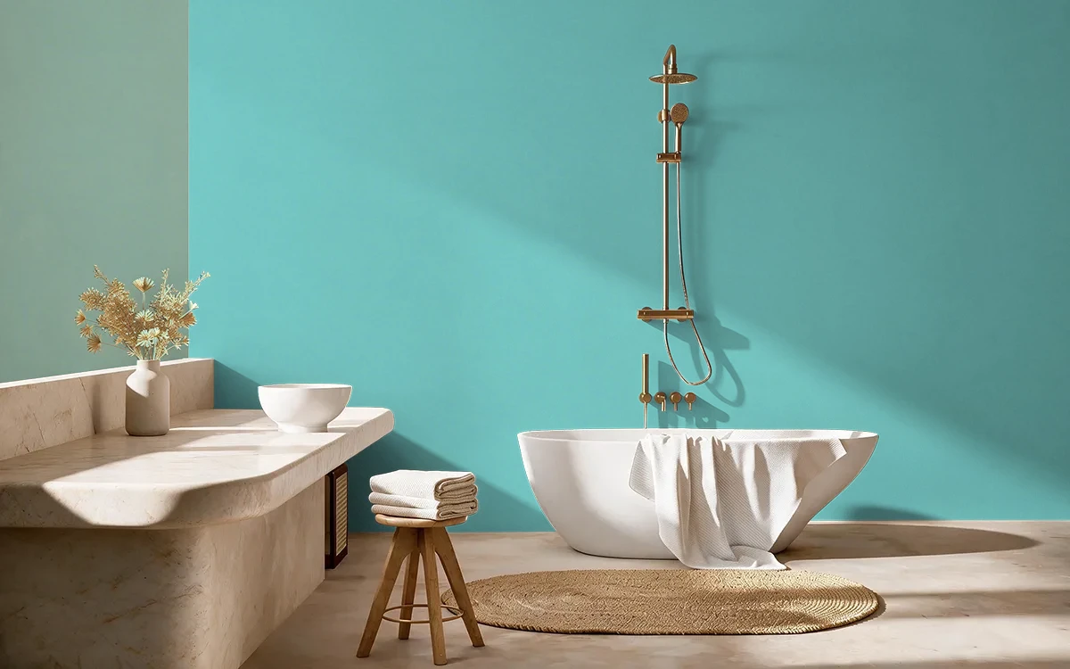 Nippon Paint's TURQUOISE REFLECTION color on different wall surfaces.
