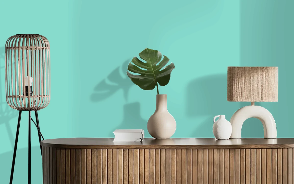 Nippon Paint's TURQUOISE WATERS color on different wall surfaces.