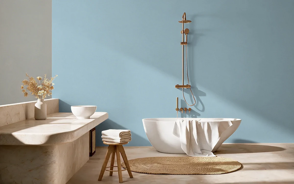 Nippon Paint's TWEEDIA BLUE color on different wall surfaces.