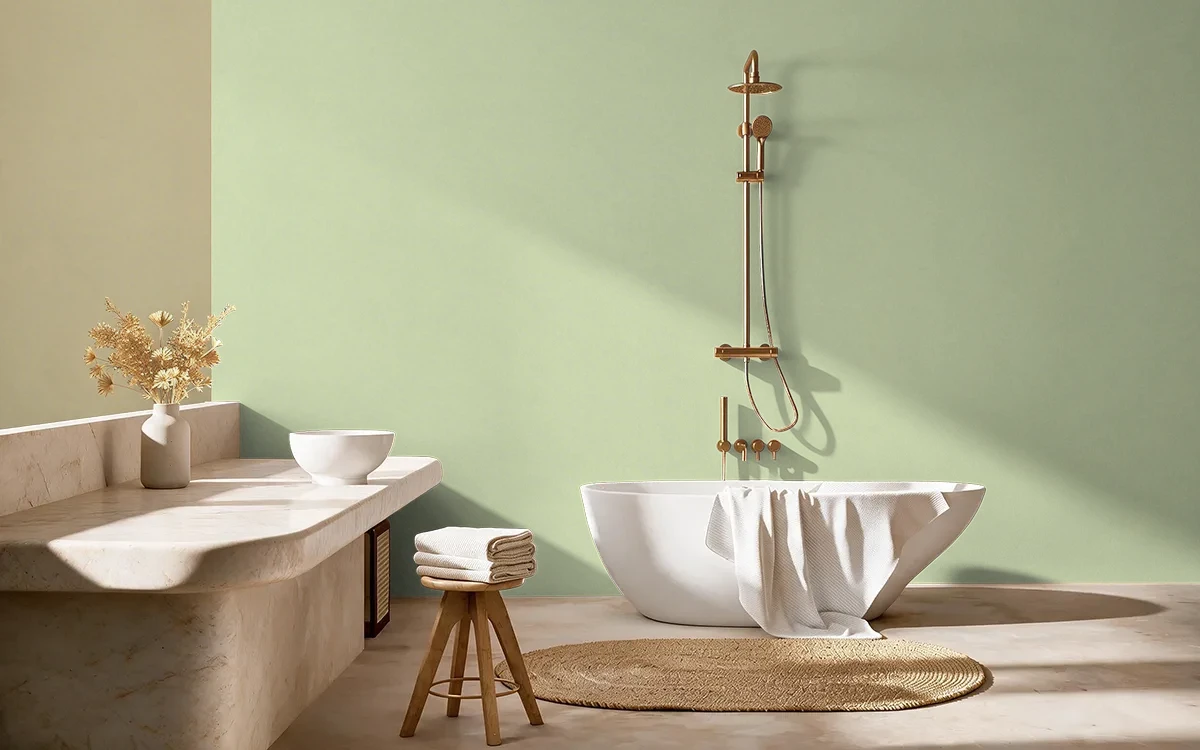 Nippon Paint's WEEPING WILLOW color on different wall surfaces.