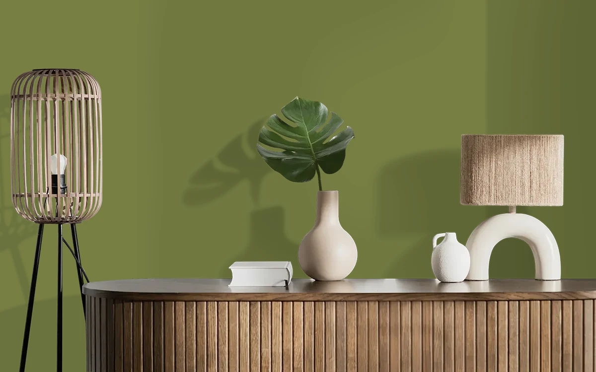 Nippon Paint's WOODS TRAIL color on different wall surfaces.