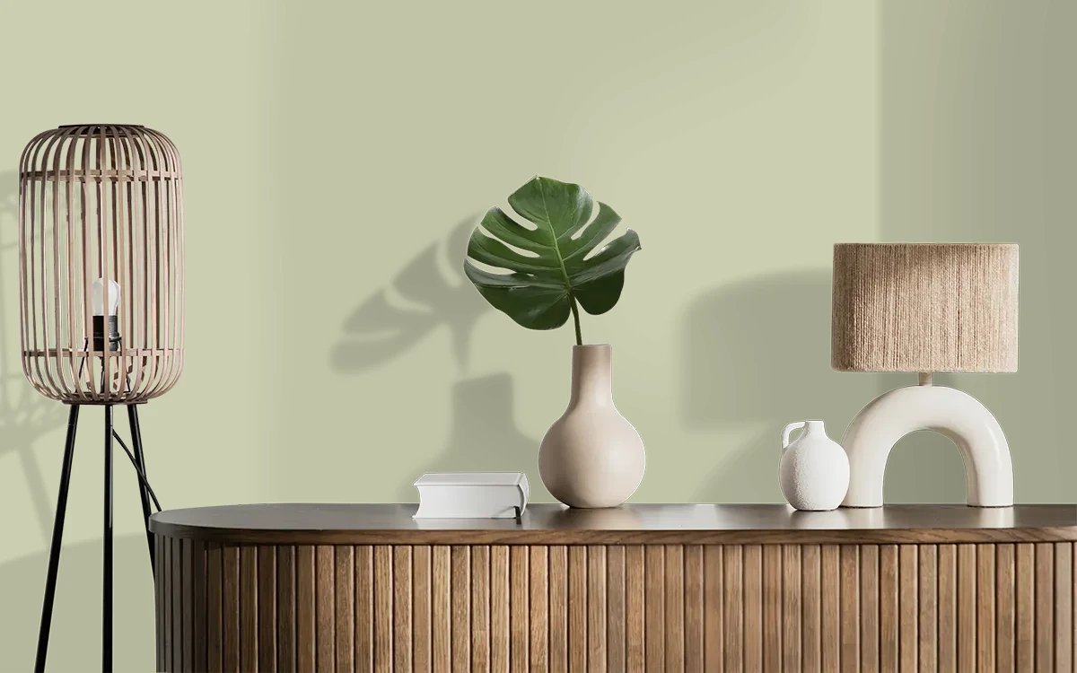 Nippon Paint's YOUNG BUD color on different wall surfaces.