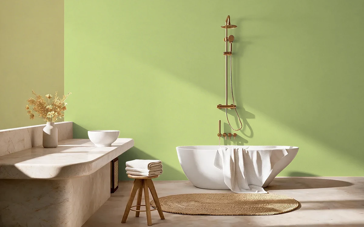 Nippon Paint's YOUNG SHOOT color on different wall surfaces.
