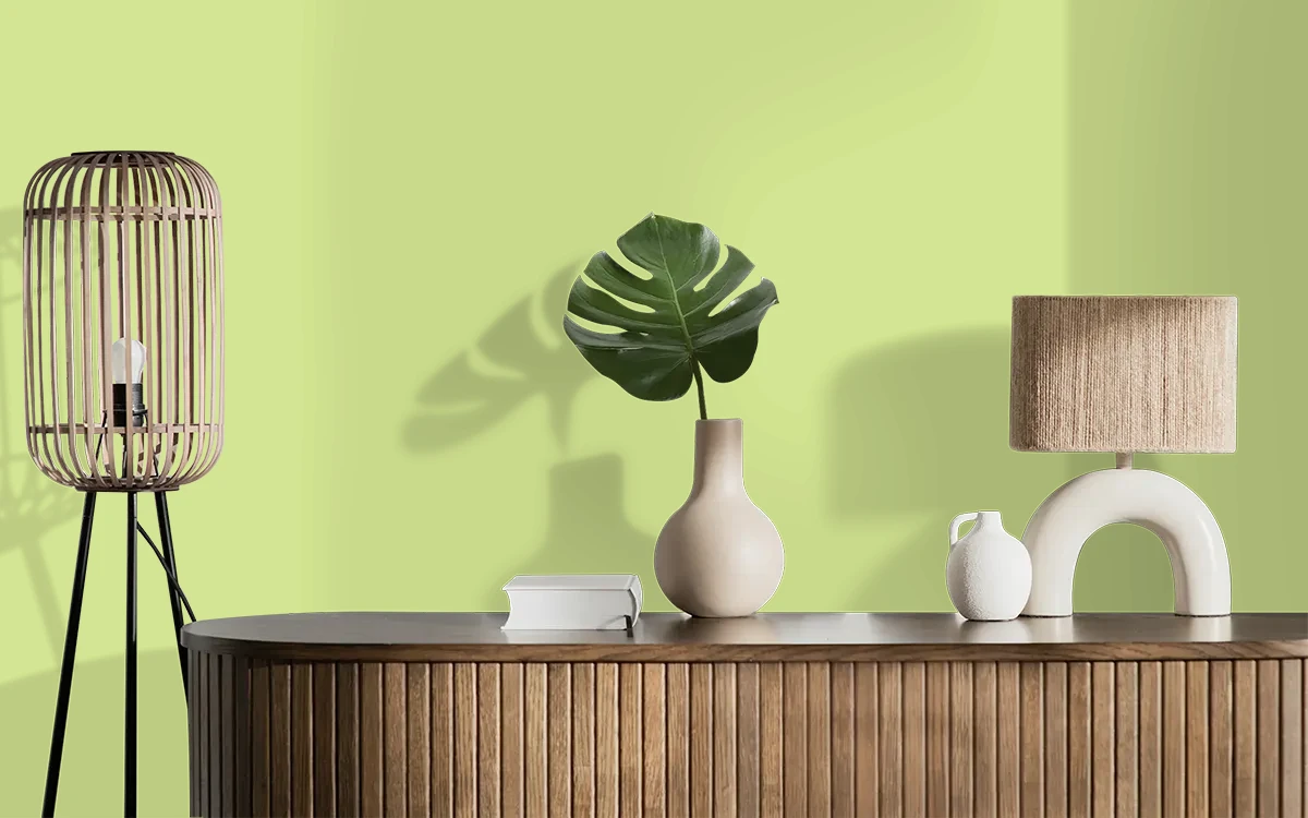 Nippon Paint's YOUNG SHOOT color on different wall surfaces.